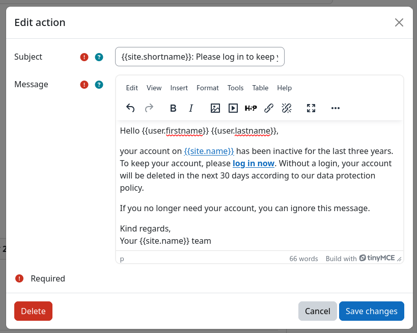 Instance settings modal dialog of a mail action instance
