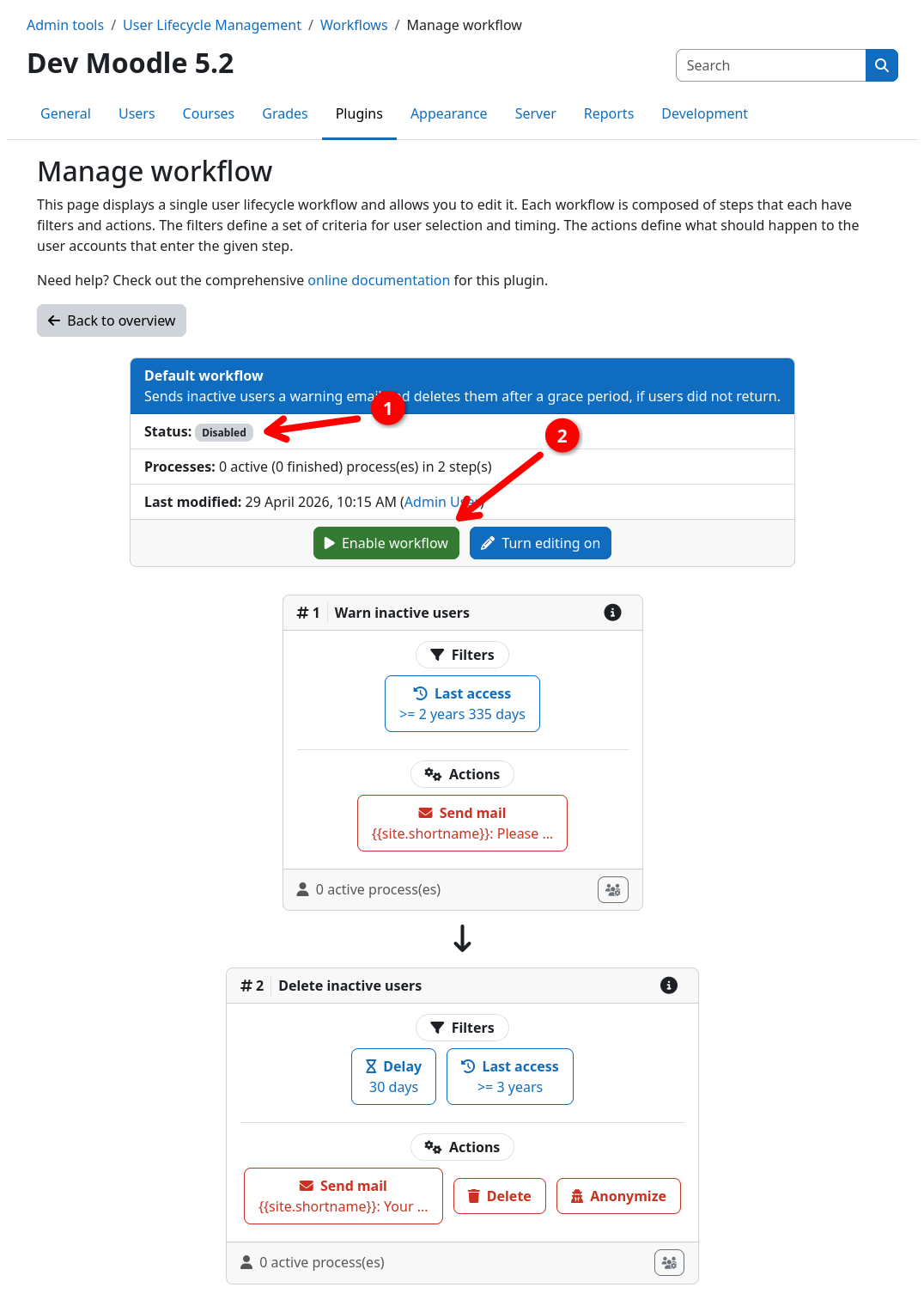 Workflow inspection page with disabled workflow