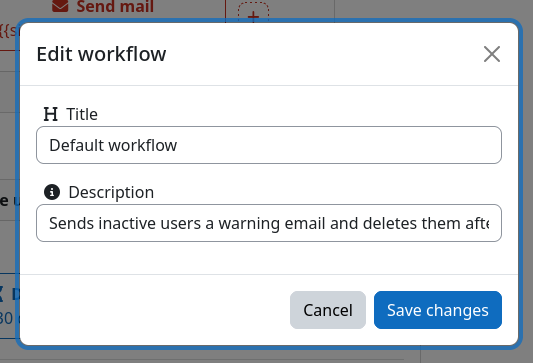 Workflow title and description editing modal