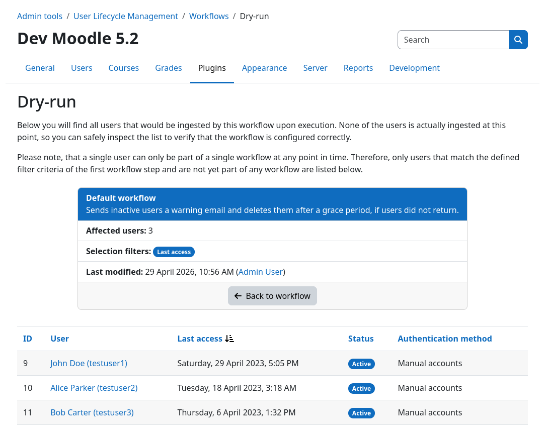 Dry-run page showing which users would be affected by the workflow