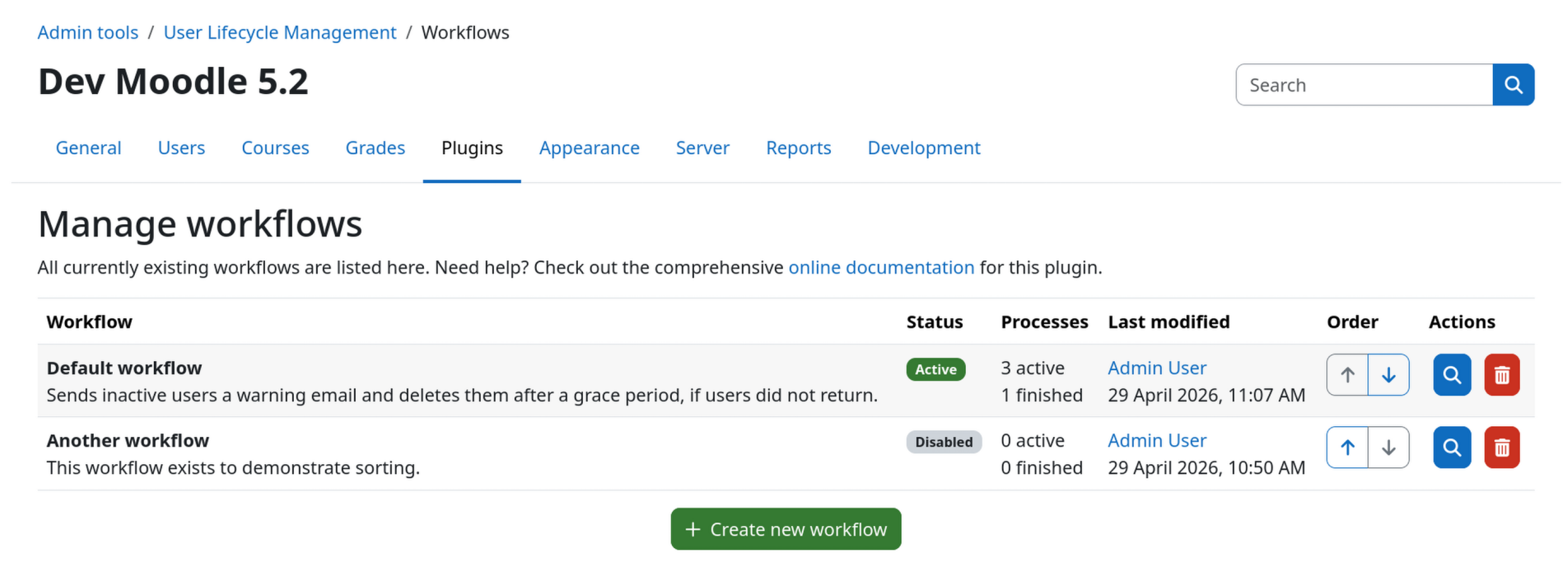 Workflows overview page