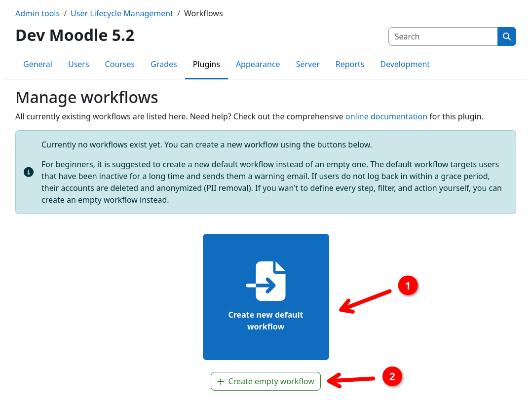 Workflows overview page (empty)