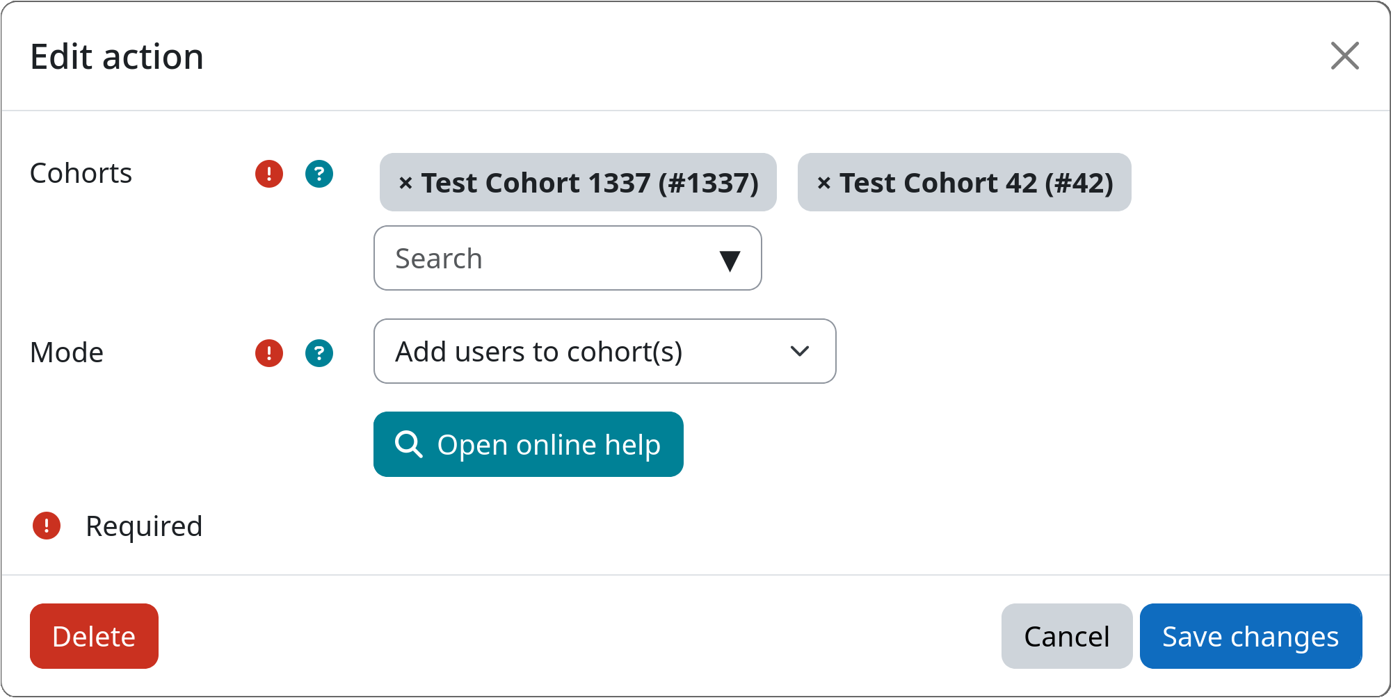 Example screenshot of the instance settings for the cohort membership action