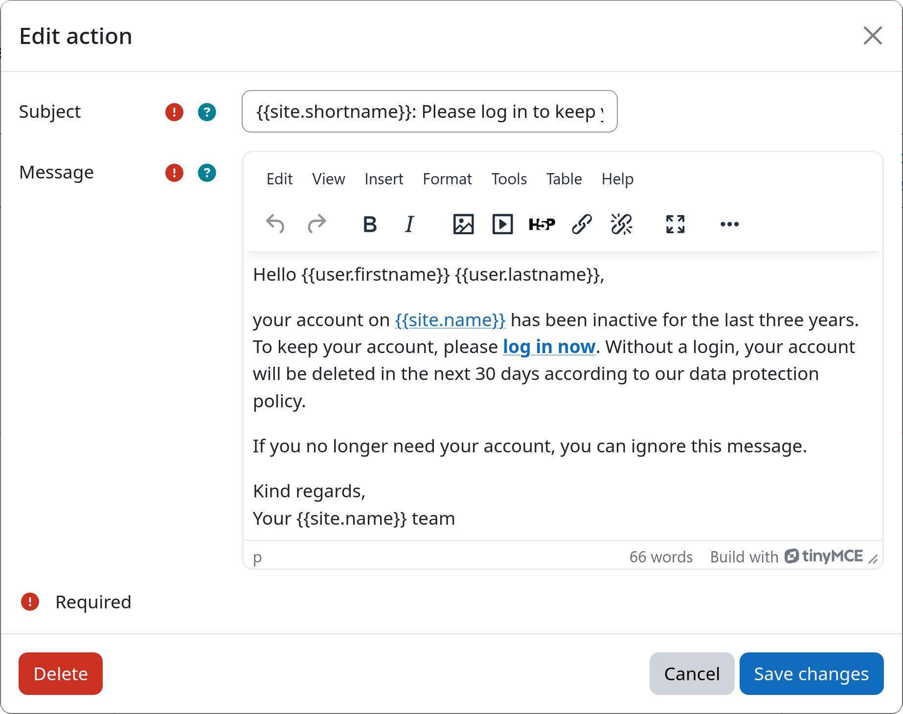 Instance settings form for a mail action