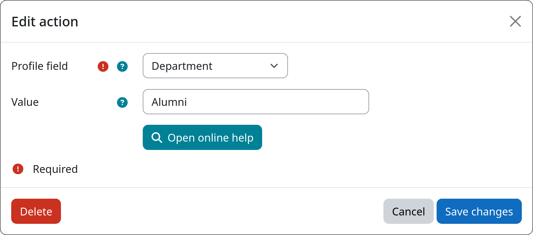 Example screenshot of the instance settings for the set profile field action