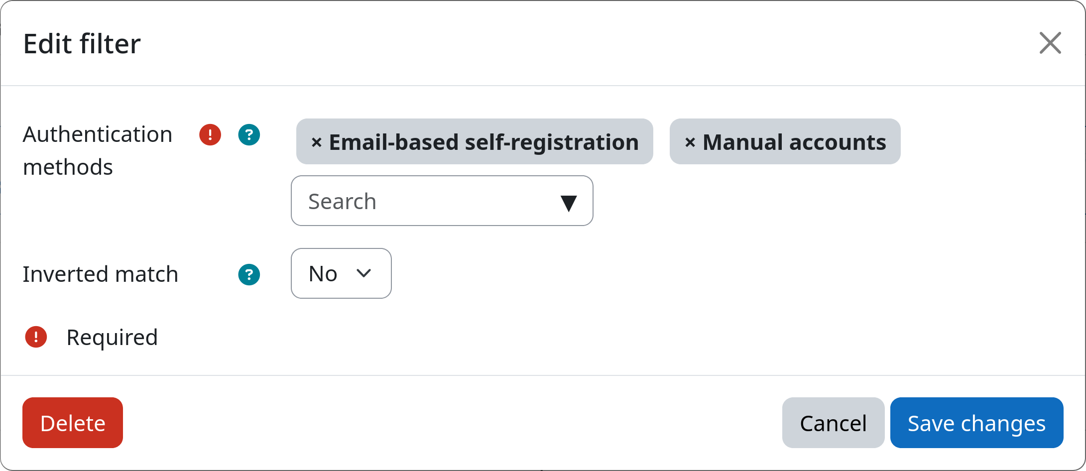 Example screenshot of the instance settings for the authentication method filter