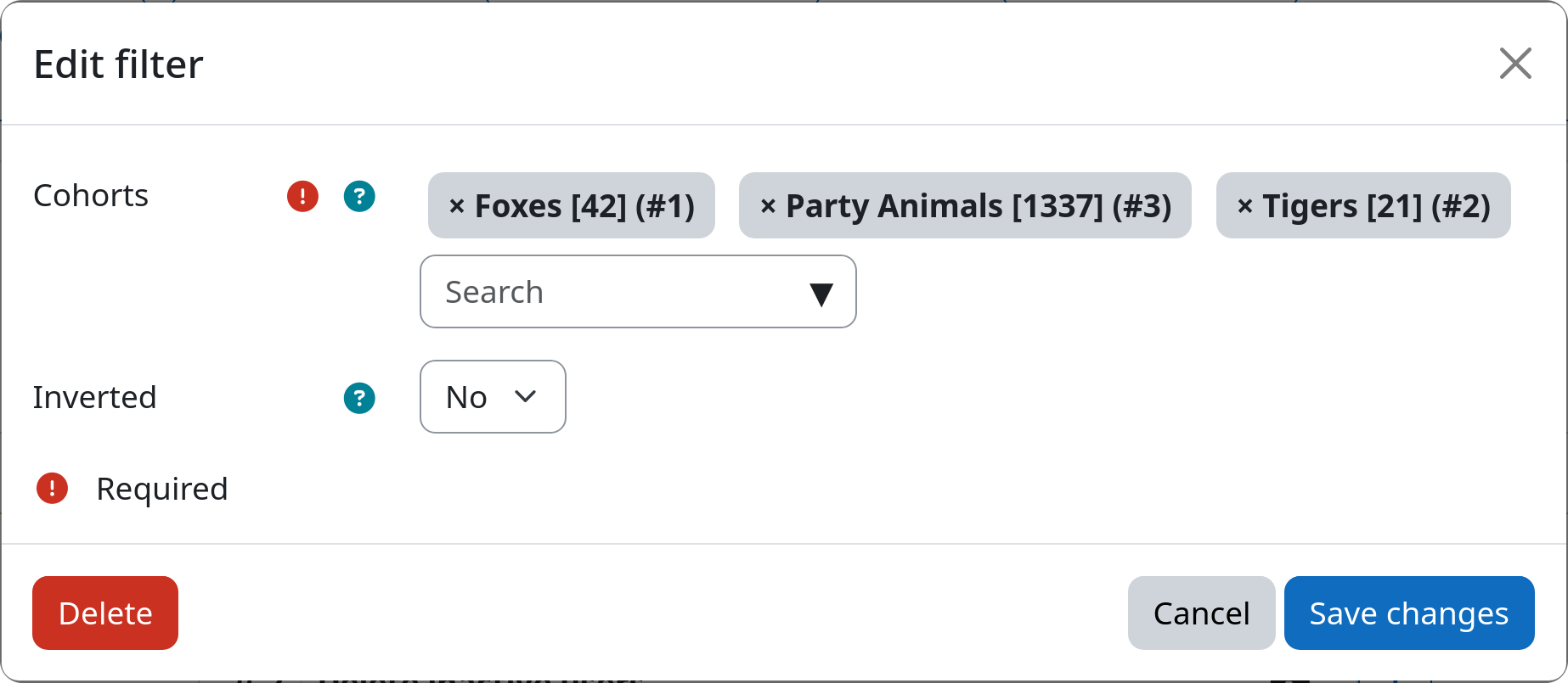 Example screenshot of the instance settings for the cohort membership filter