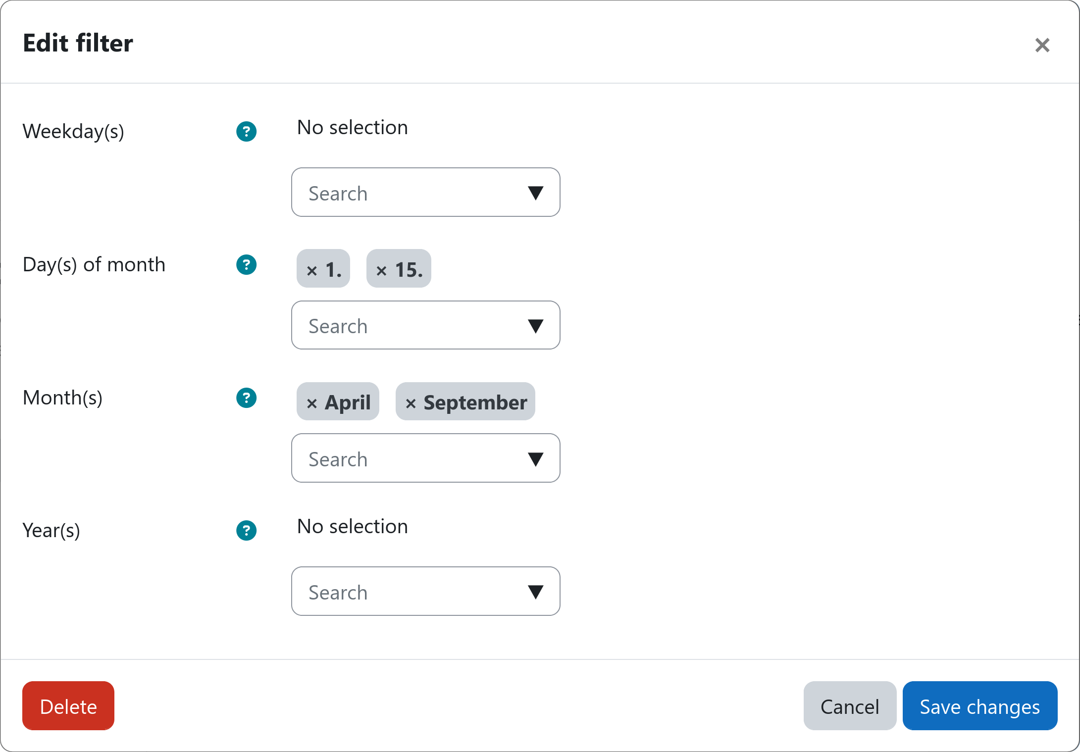 Example screenshot of the filter settings dialog