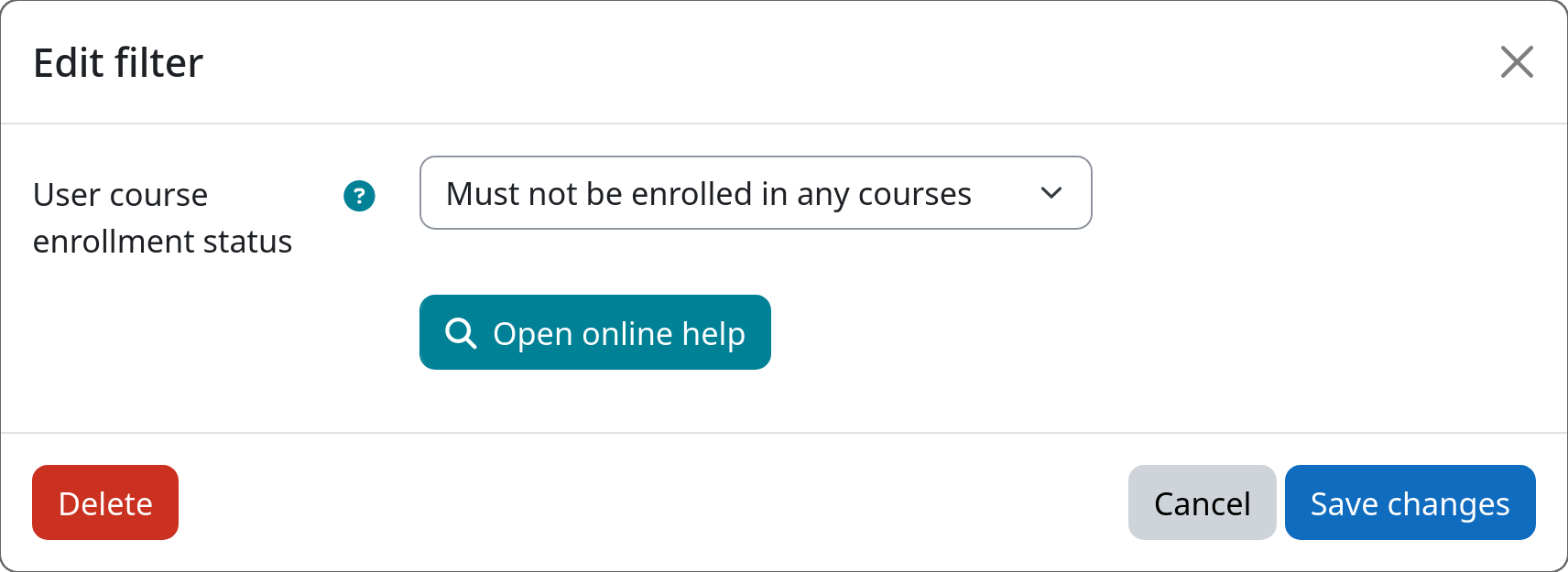 Example screenshot of the instance settings for the course enrolment filter