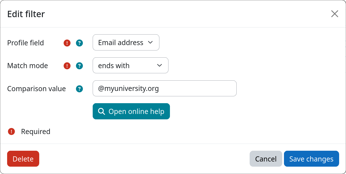 Example screenshot of the instance settings for the profile field filter